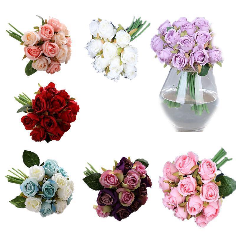 12 Heads Silk Rose Artificial Flowers Fake Bouquet - White+blue - Mekamart Australia