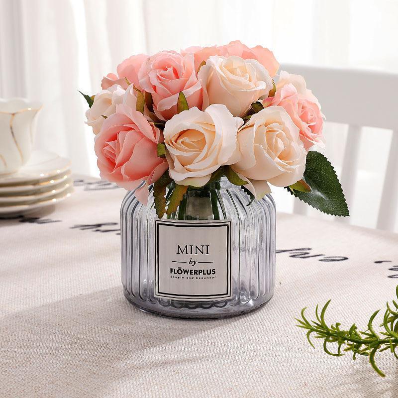12 Heads Silk Rose Artificial Flowers Fake Bouquet - Champagne - Mekamart Australia