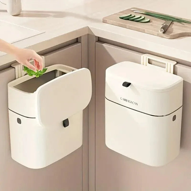 Wall Mounted Hanging Waste Bin with Lid Household Cabinet Trash Can Cream White - Mekamart Australia