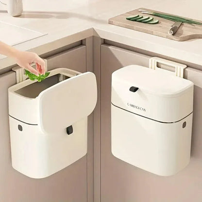 Wall Mounted Hanging Waste Bin with Lid Household Cabinet Trash Can Cream White - Mekamart Australia