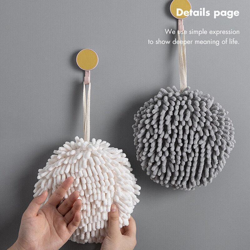 Chenille Hanging Ball Towel for Kitchen Bathroom Hand Drying Absorbent Cloth - White - Mekamart Australia