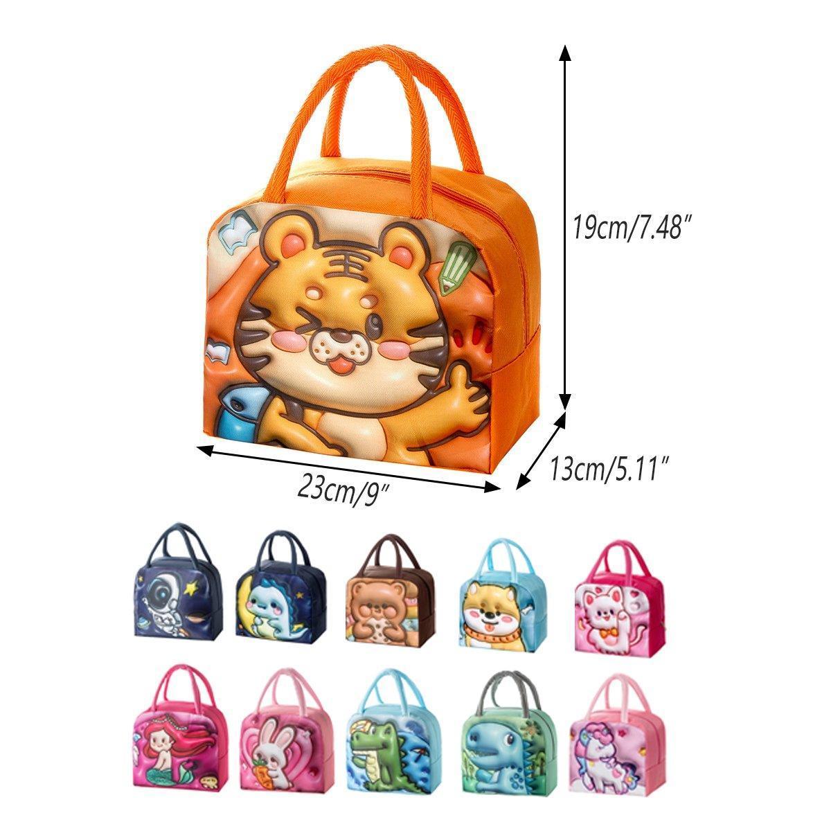 Cute 3D Cartoon Insulated Lunch Bag Oxford Fabric Bento Tote for School Use - Orange Tiger - Mekamart Australia