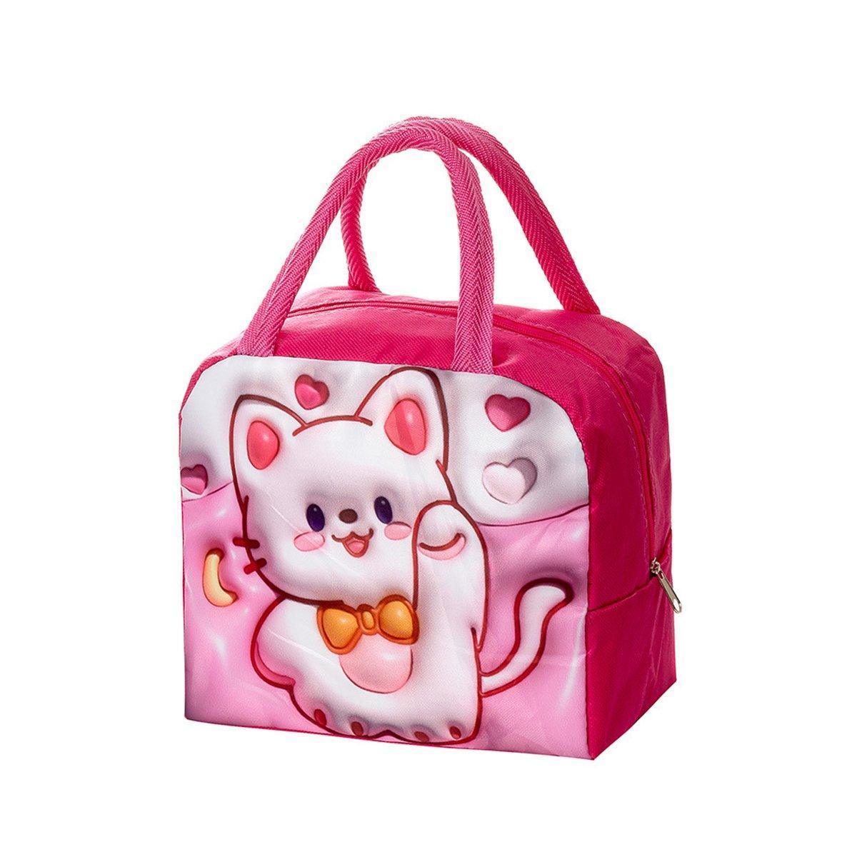 Cute 3D Cartoon Insulated Lunch Bag Oxford Fabric Bento Tote for School Use - Rose Kitten - Mekamart Australia