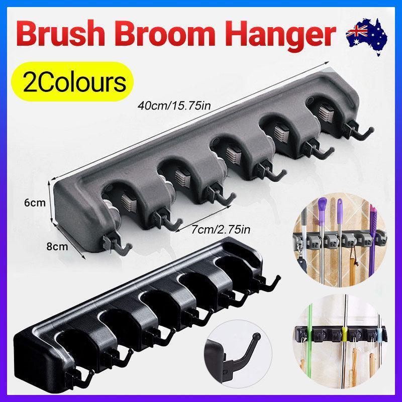 Broom Hanger Mop Holder Wall Mounted Brush Storage Rack Organizer Kitchen Tool - Grey - Mekamart Australia