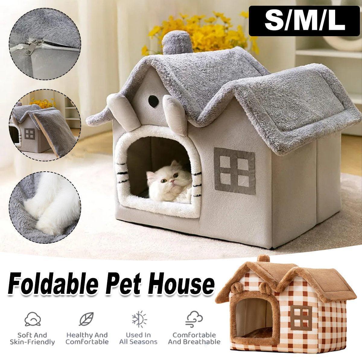 Removable Washable Pet House Four Seasons Cat Enclosed House - Brown-S - Mekamart Australia