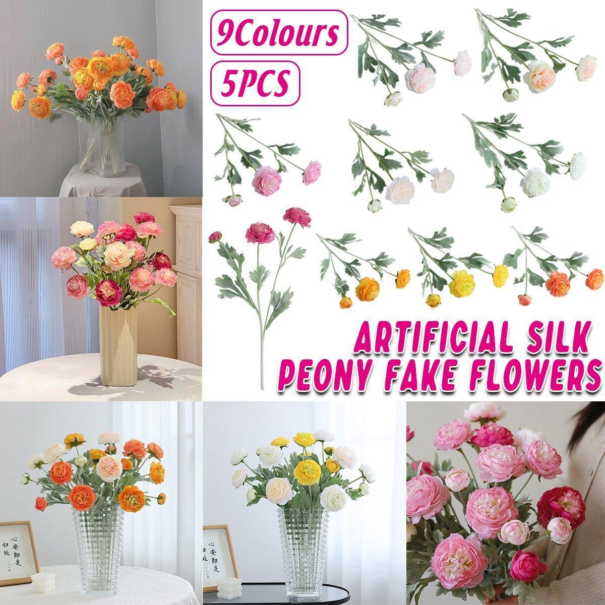 5pcs Artificial Peony Silk Flowers Bouquet Decor Faux Floral Arrangements - Champagne - Mekamart Australia