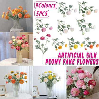 5pcs Artificial Peony Silk Flowers Bouquet Decor Faux Floral Arrangements - Purple Red - Mekamart Australia