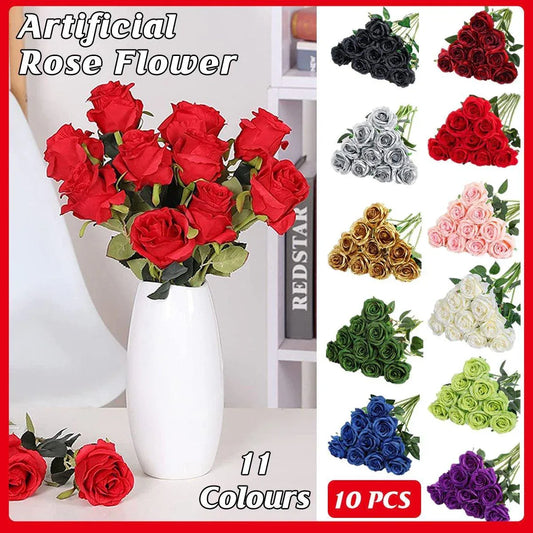 10pcs Artificial Silk Simulation Rose Flowers - Wedding Party Home Decorations - Red - Mekamart Australia