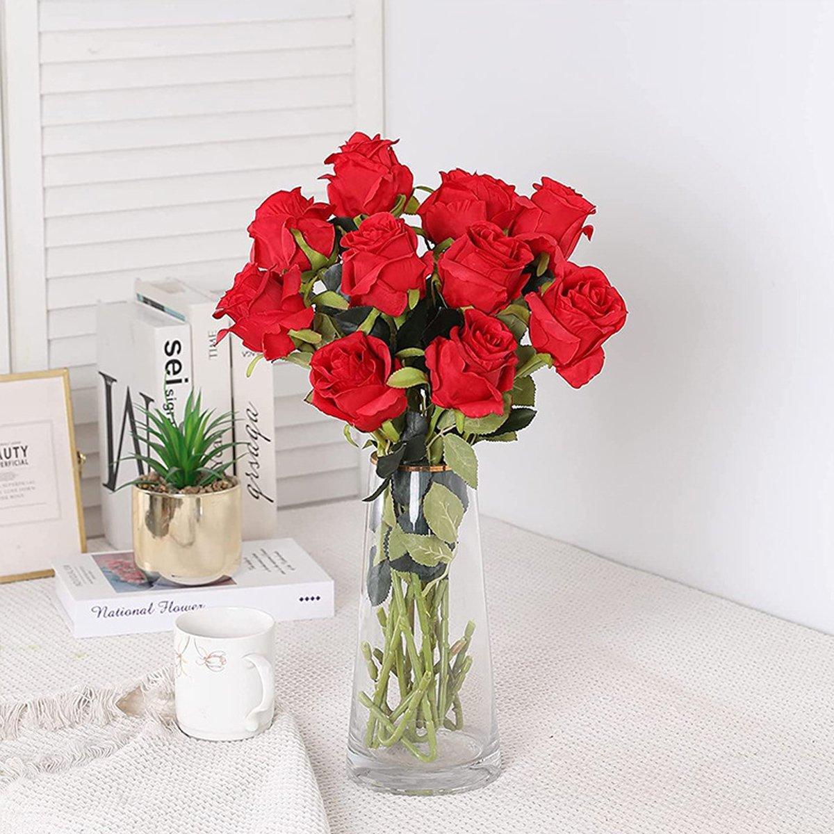10pcs Artificial Silk Simulation Rose Flowers - Wedding Party Home Decorations - Red - Mekamart Australia