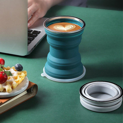 Silicone Folding Travel Mug Portable Retractable Collapsible Mug Outdoor Camping - Grey Lake Blue - Mekamart Australia