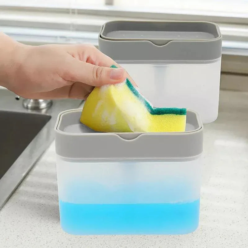 2 In 1 Soap Pump Dispenser Sponge Holder Dish Washing Liquid Container Kitchen - Grey - Mekamart Australia