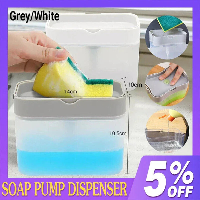 2 In 1 Soap Pump Dispenser Sponge Holder Dish Washing Liquid Container Kitchen - White - Mekamart Australia