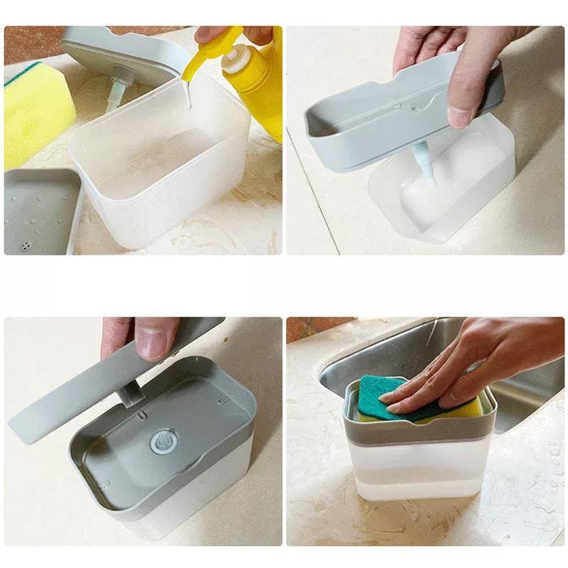 2 In 1 Soap Pump Dispenser Sponge Holder Dish Washing Liquid Container Kitchen - White - Mekamart Australia