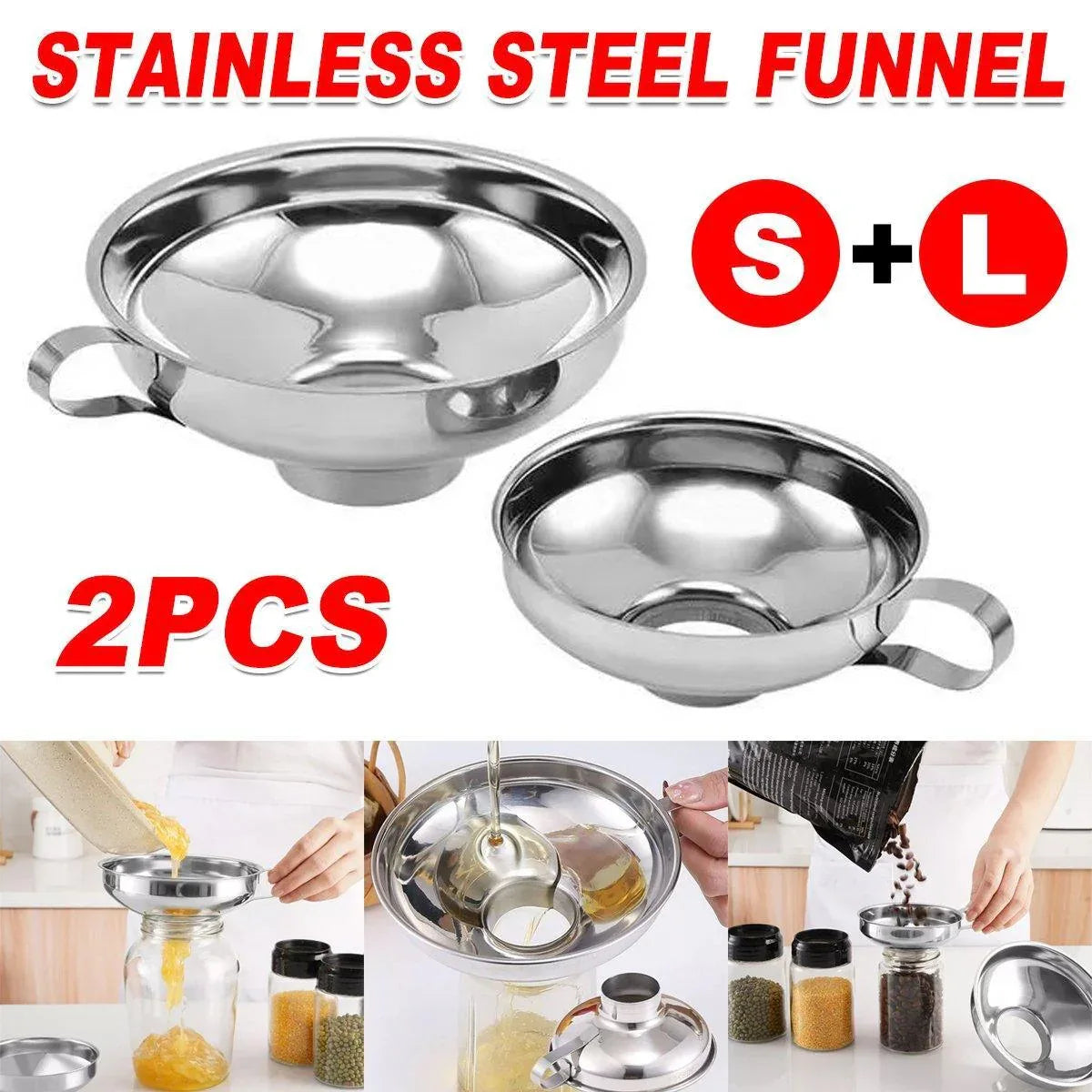 2pcs Stainless Steel Wide Mouth Funnel Large Bore Oil Drain Household Funnel Set - Mekamart Australia