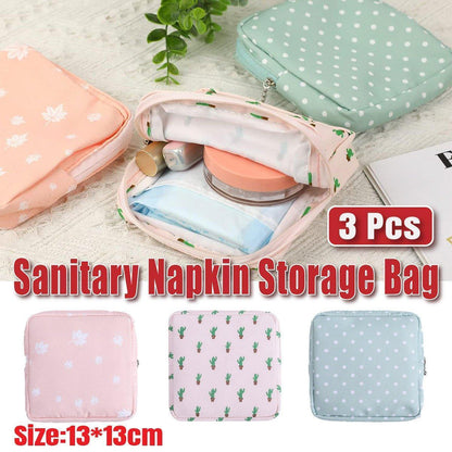 3PCS Cotton Sanitary Napkin Storage Bag Pink Leaves Cactus Dots Portable Pouch - Mekamart Australia