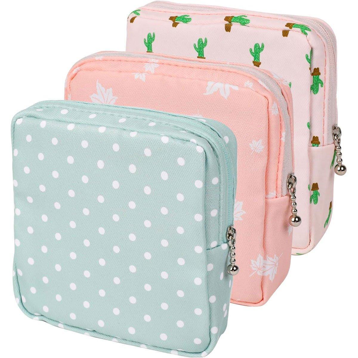 3PCS Cotton Sanitary Napkin Storage Bag Pink Leaves Cactus Dots Portable Pouch - Mekamart Australia