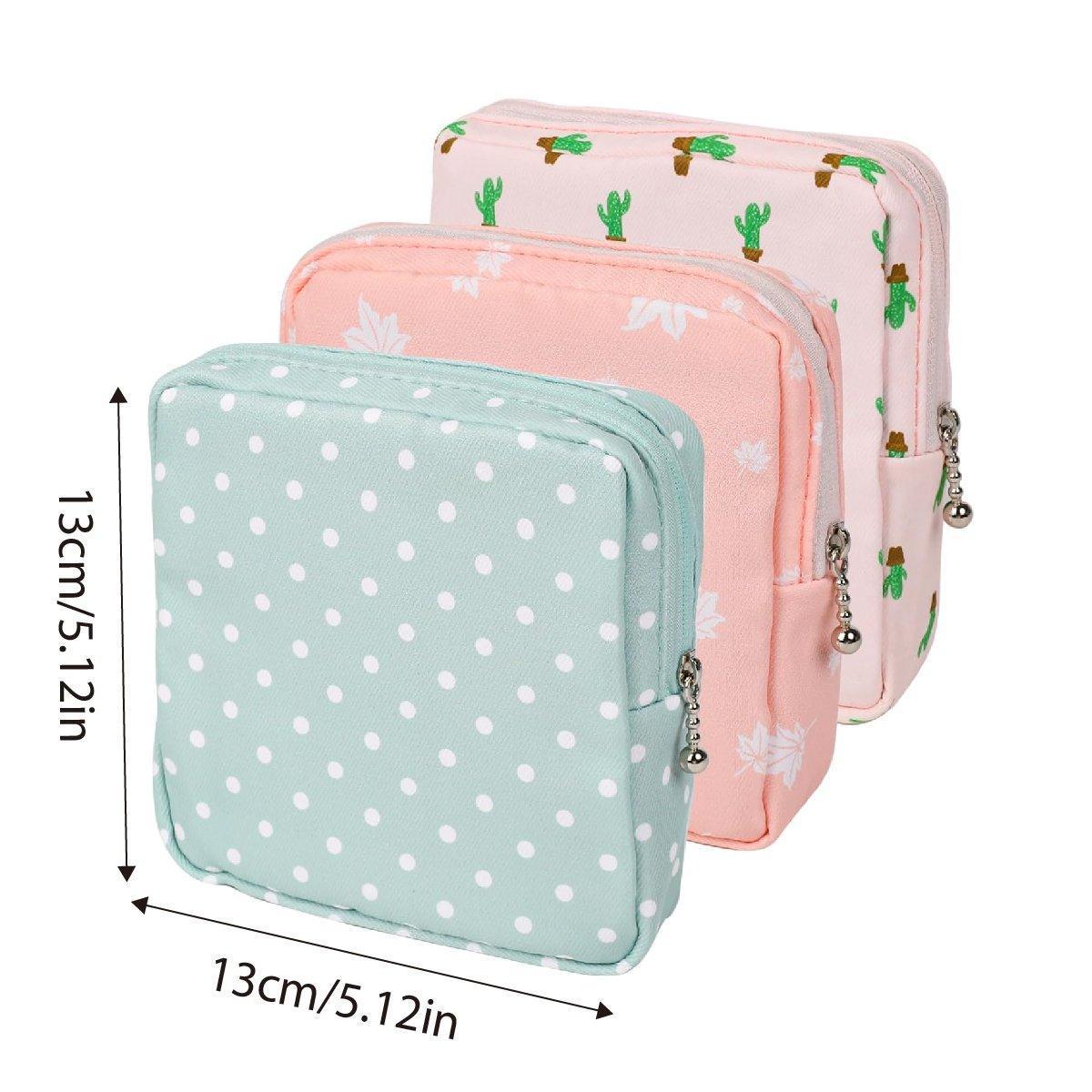 3PCS Cotton Sanitary Napkin Storage Bag Pink Leaves Cactus Dots Portable Pouch - Mekamart Australia