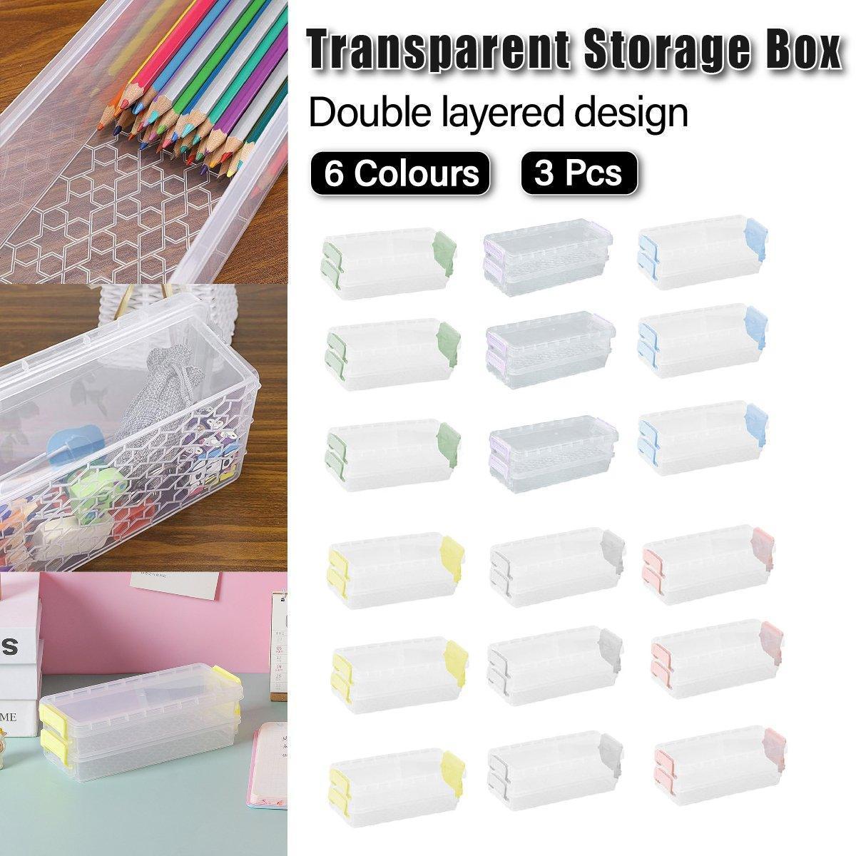 3PCS Clear Plastic Desktop Storage Box 2 Layer Holder DIY Stationery Pencil Case - Grey - Mekamart Australia