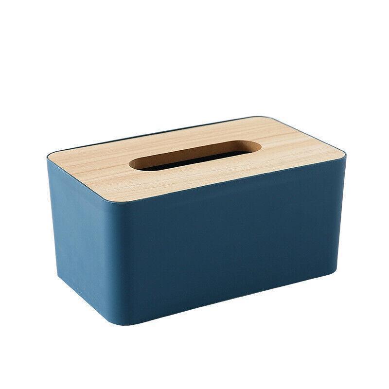Wooden Lid Tissue Storage Box Dispenser for Napkins Desk Paper Holder Organiser - Blue - Mekamart Australia