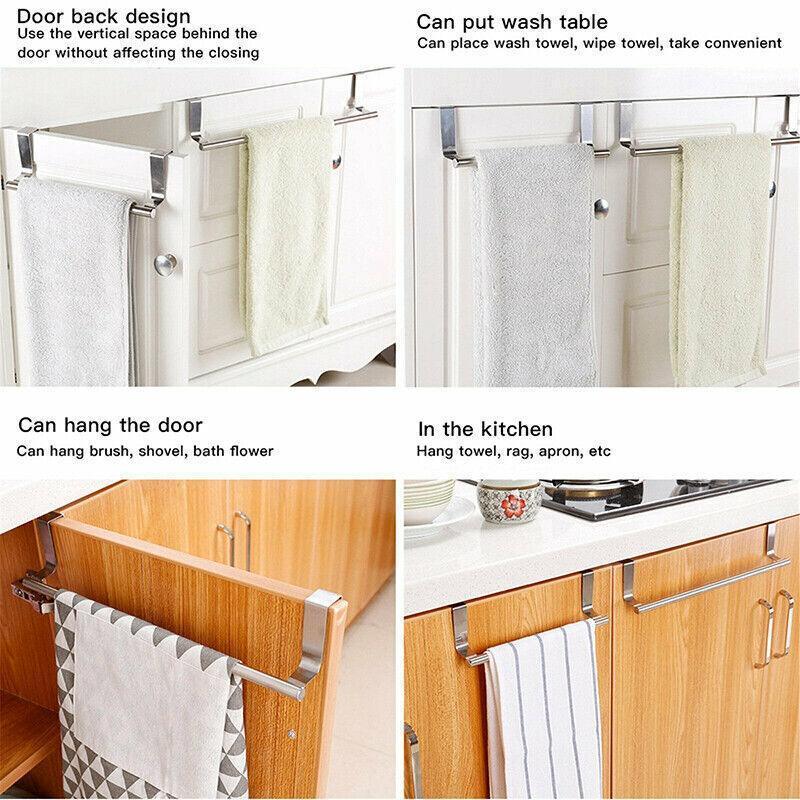 Stainless Steel Over Door Towel Rack Cupboard Hanging Rail for Kitchen Bathroom - 23.7CM - Mekamart Australia