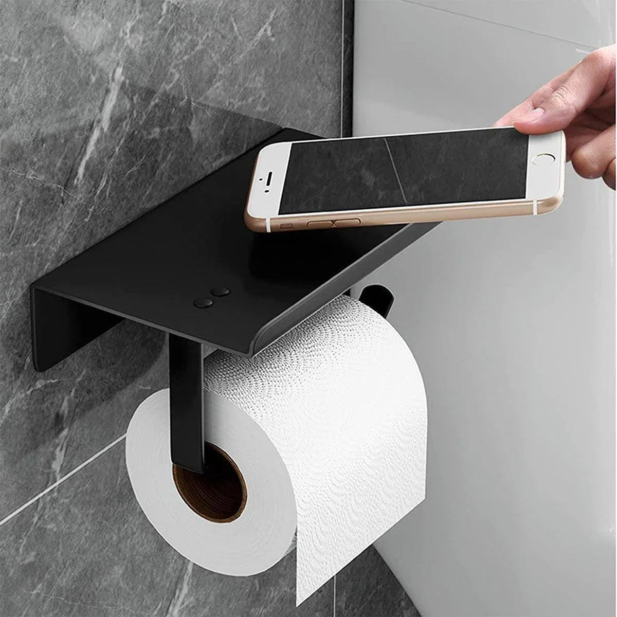 304 Stainless Steel Toilet Paper Holder Non-perforated Roll with Phone Rack - Black - Mekamart Australia