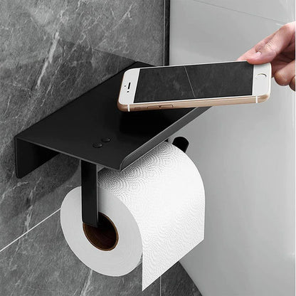 304 Stainless Steel Toilet Paper Holder Non-perforated Roll with Phone Rack - Black - Mekamart Australia