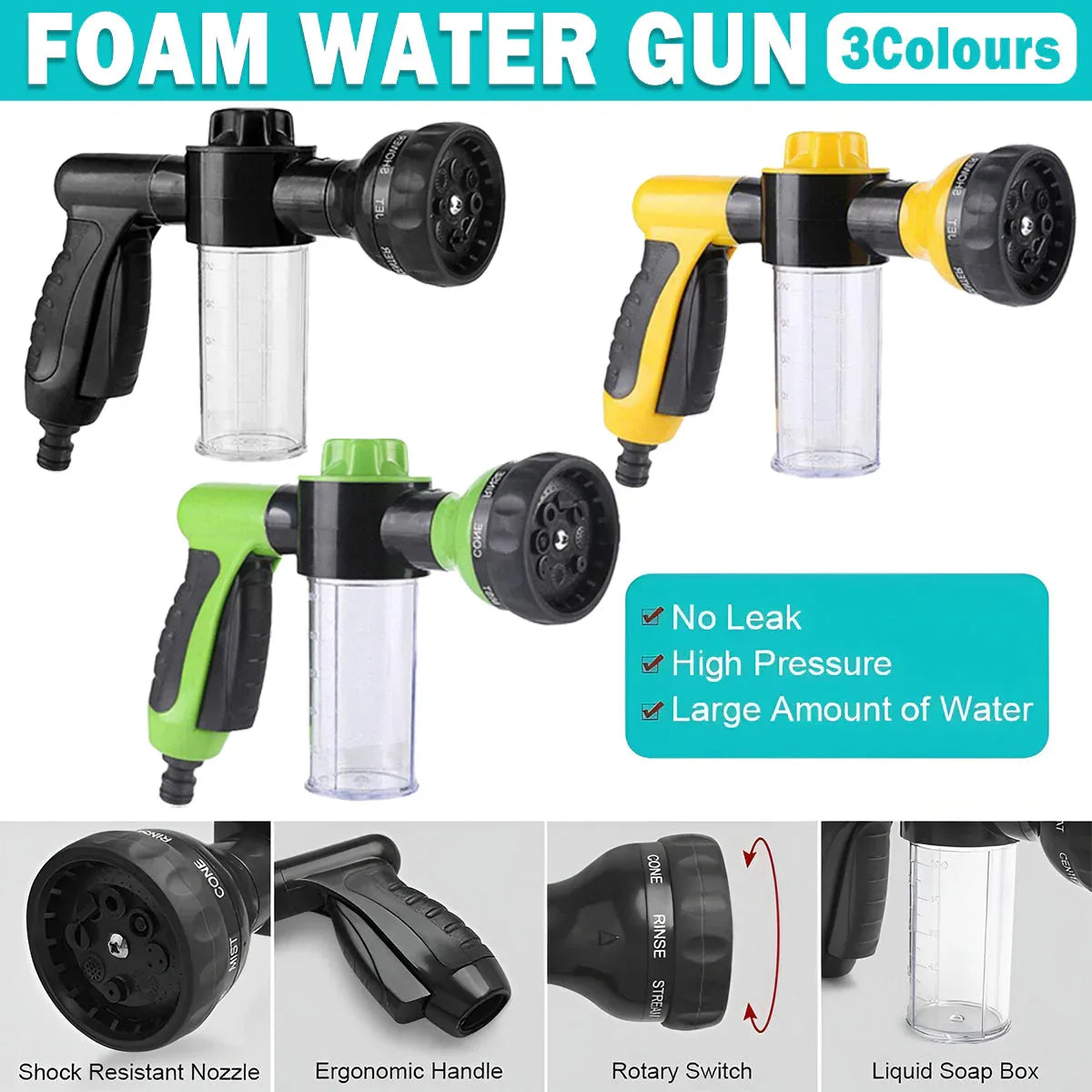 Washing Nozzle Plant Pet Hose 8-Mode Garden Car Water Foam Sprayer Soap Dispenser - Black - Mekamart Australia