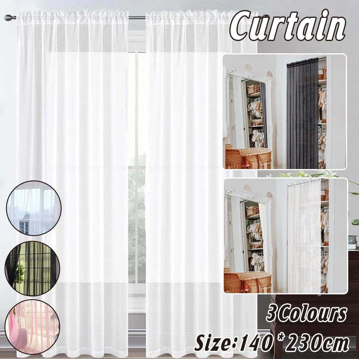 Sheer Voile Curtains Rod Pocket Window Panel for Bedroom 140cm x 230cm Drapes - Black - Mekamart Australia