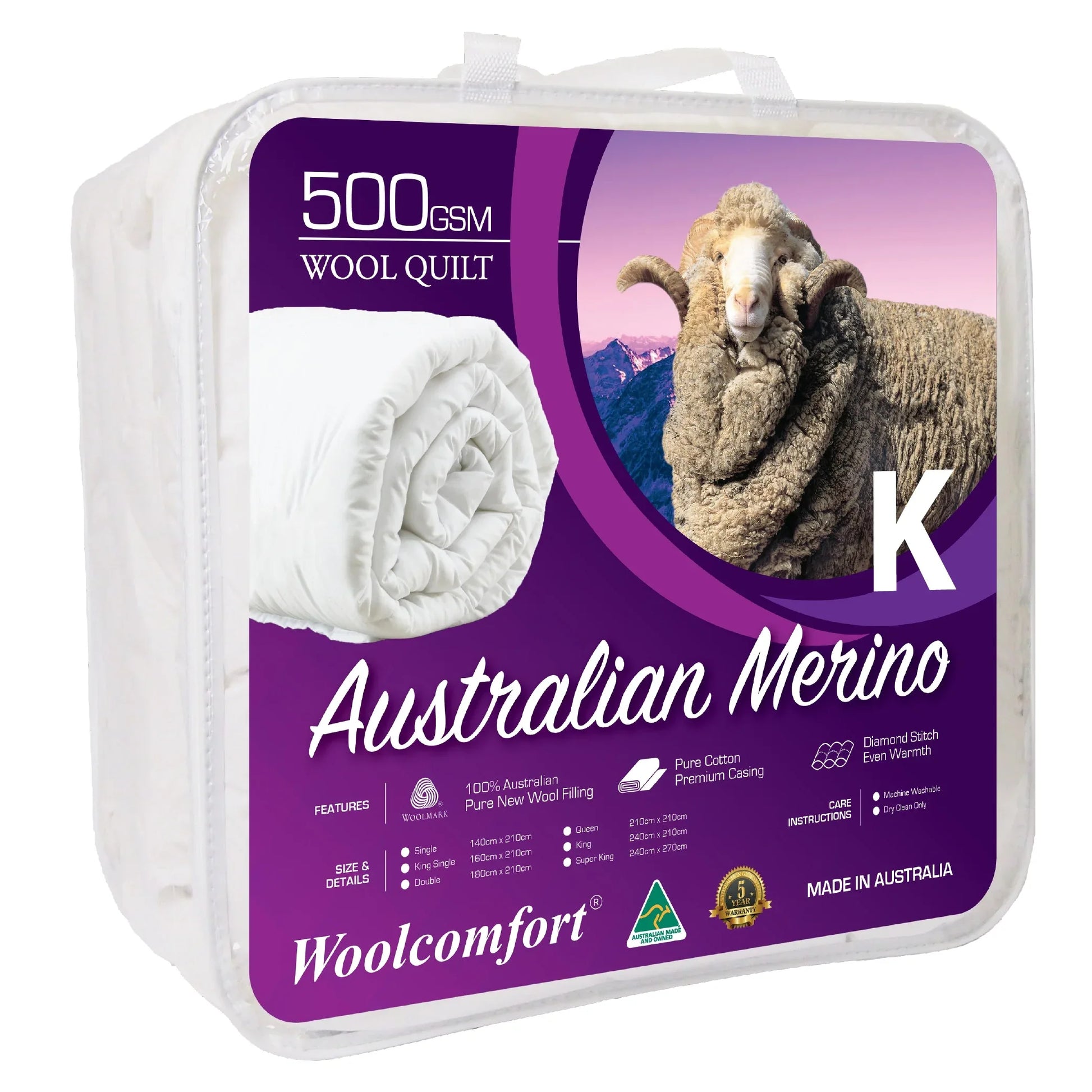 Woolcomfort Aus Made Merino Wool Quilt 500GSM 240x210cm King Size - Mekamart Australia
