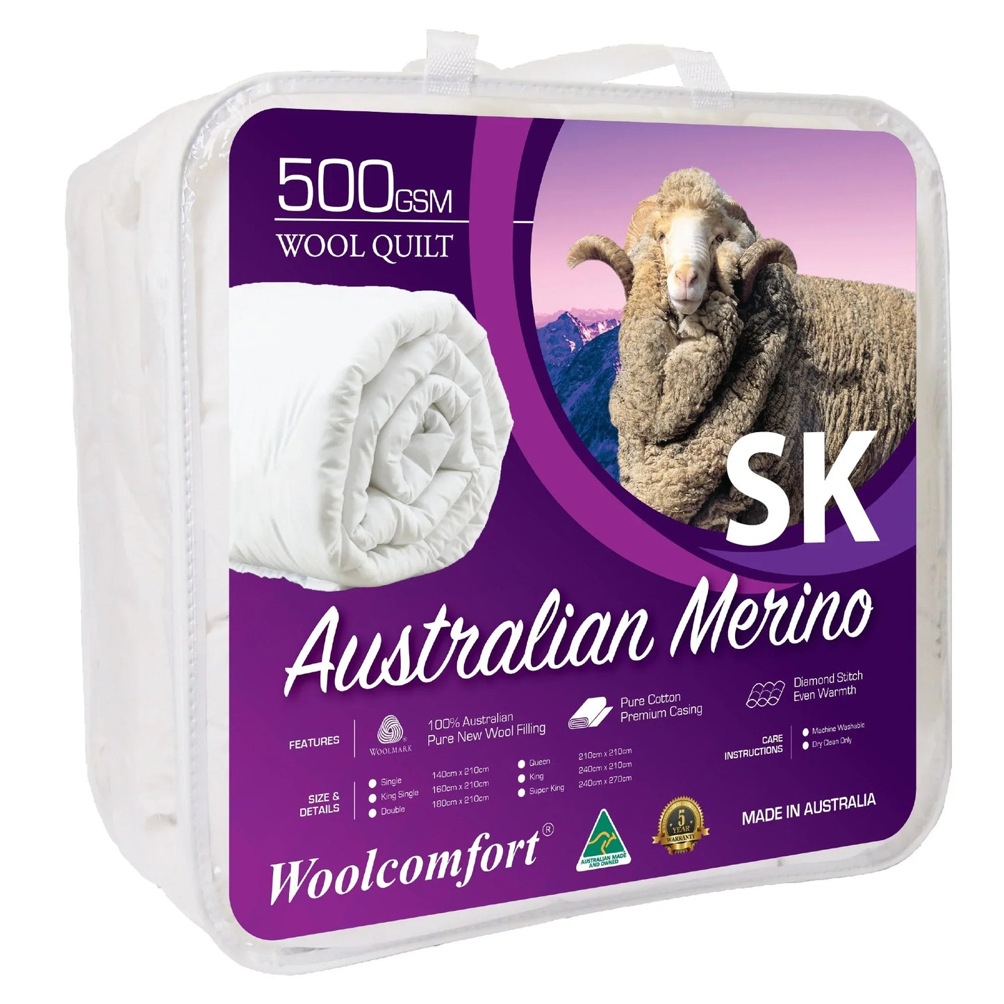 Woolcomfort Aus Made Merino Wool Quilt 500GSM 270x240cm Super King Size - Mekamart Australia