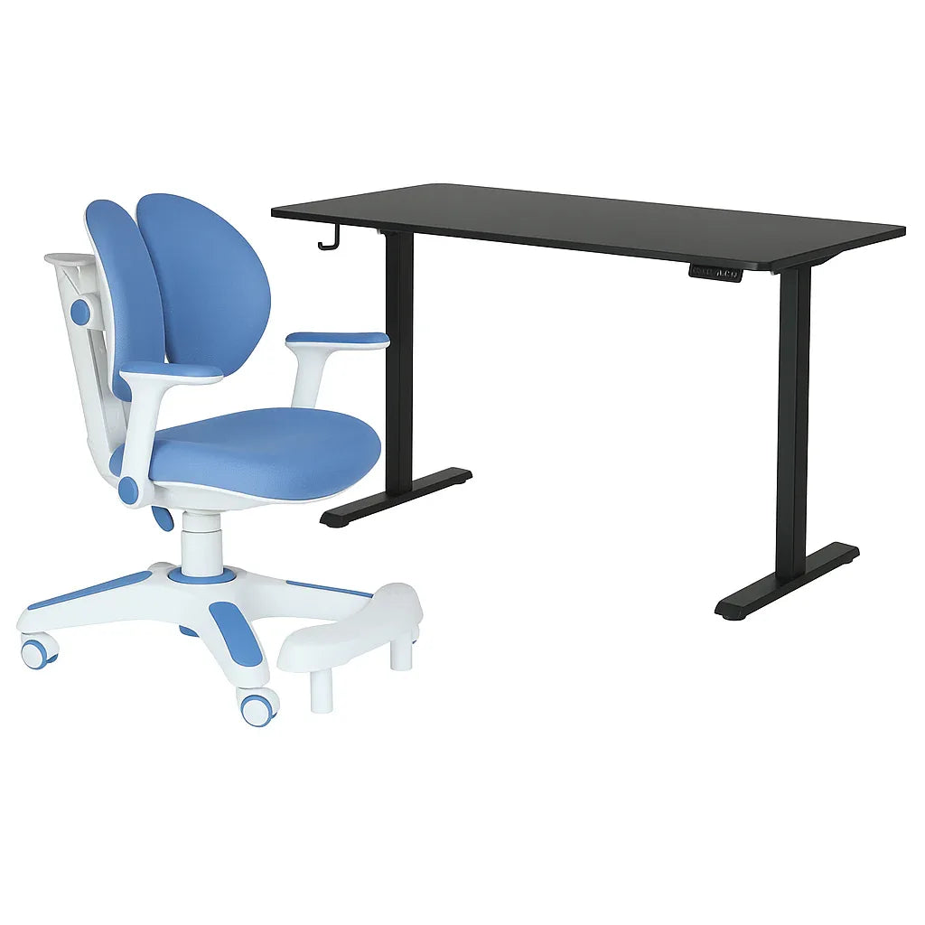 Ergonomic Kids Study Chair & Adjustable Electric Standing Desk Set – Blue Chair & Black Desk - Mekamart Australia