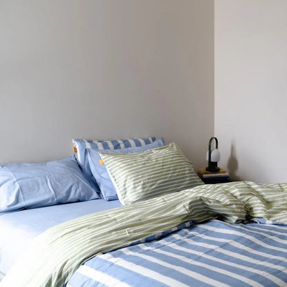 100% Cotton Duvet Quilt Cover Set w/ 2 Pillow Cases in Reversible Blue/Green/White Stripe - King - Mekamart Australia