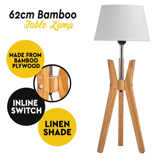 Bamboo Tripod Table Lamp Desk Modern Rustic Geo Light w Linen Shade - Mekamart Australia