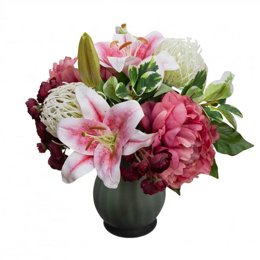 32cm Rose Peony & Wisteria Arrangement in Glass Artificial Flower Plant - Pink - Mekamart Australia
