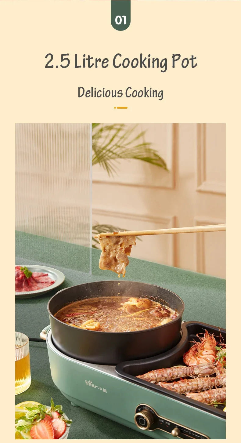 BEAR Multi-functional 2-in-1 Cooking Hot Pot And Griddle Barbecue Machine DKL-C15L1 - Mekamart Australia