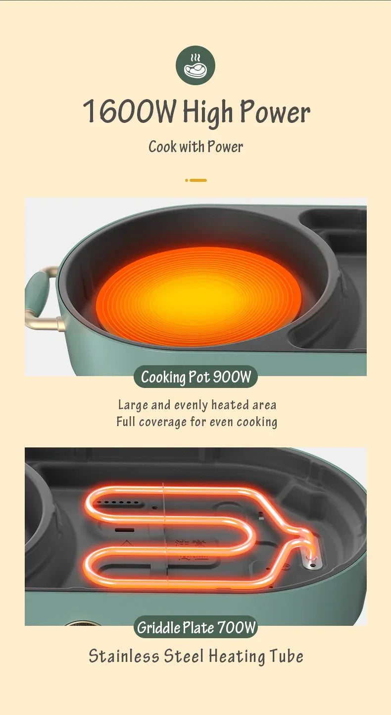 BEAR Multi-functional 2-in-1 Cooking Hot Pot And Griddle Barbecue Machine DKL-C15L1 - Mekamart Australia
