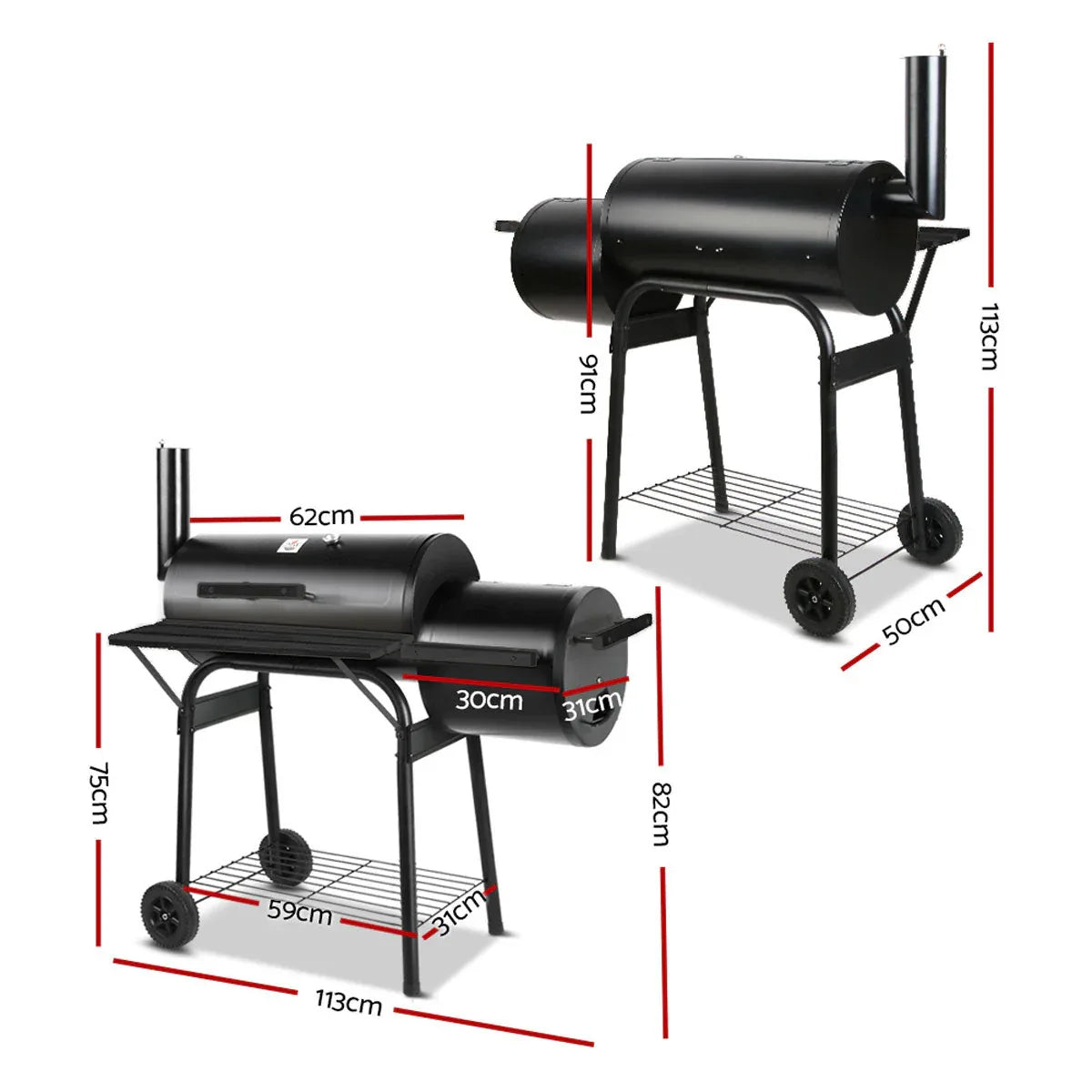2 in1 BBQ Smoker Charcoal Grill Roaster Portable Offset Outdoor Camping Barbecue - Mekamart Australia