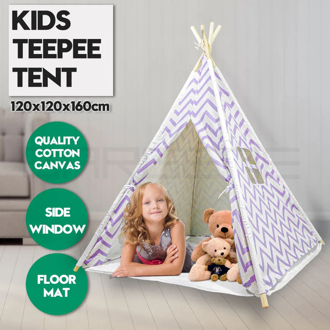 Giant Cotton Canvas Kids Teepee Wigwam Children Pretend Play Tent Indoor Outdoor Party - purple - Mekamart Australia