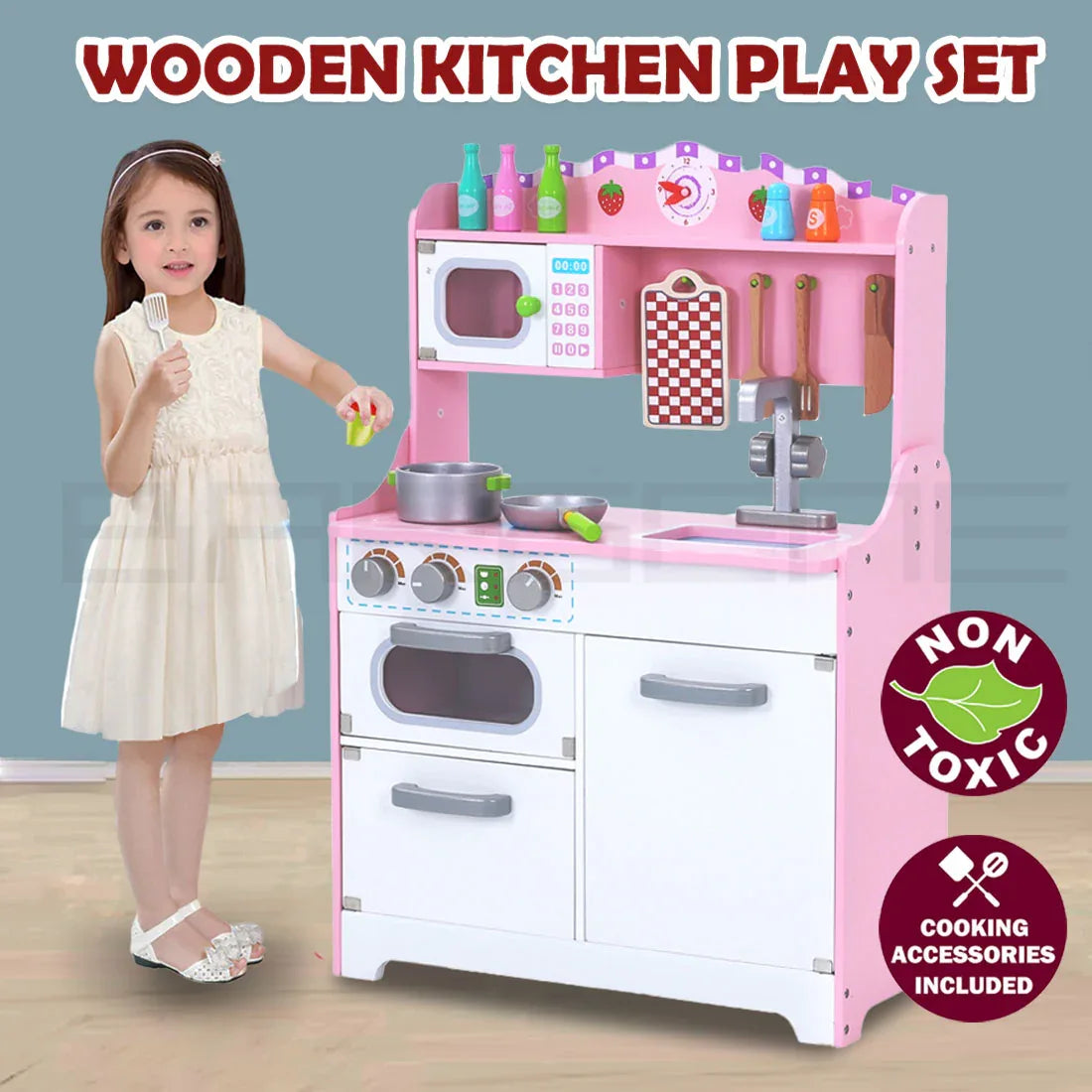 Kids Wooden Kitchen Pretend Play Set Toy Toddlers Children Cooking Food Cookware - Mekamart Australia