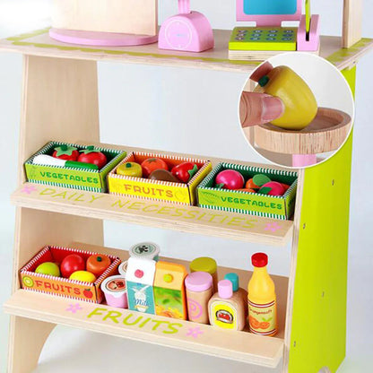 Kids Wooden Toy Pretend Play Marketplace Stand Fruit Veg Shop Stall Supermarket - Mekamart Australia
