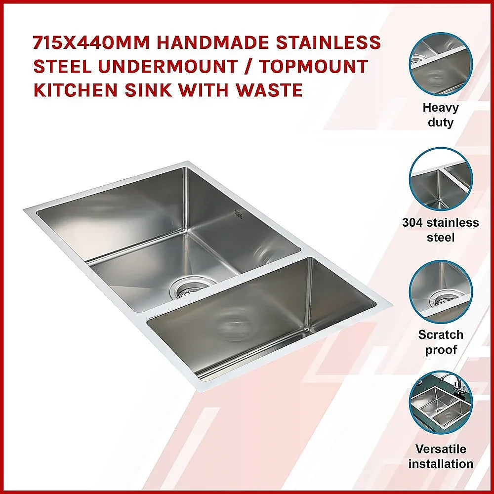 715x440mm Handmade Stainless Steel Undermount / Topmount Kitchen Sink with Waste - Mekamart Australia