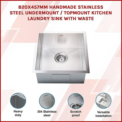 820x457mm Handmade Stainless Steel Undermount / Topmount Kitchen Laundry Sink with Waste - Mekamart Australia