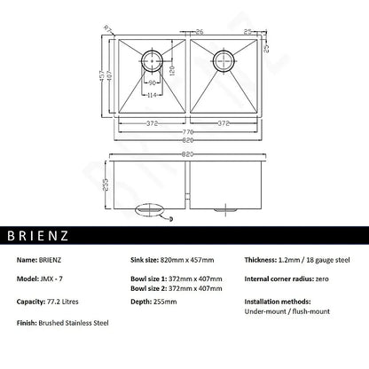 820x457mm Handmade Stainless Steel Undermount / Topmount Kitchen Laundry Sink with Waste - Mekamart Australia