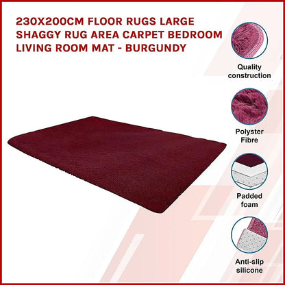 230x200cm Floor Rugs Large Shaggy Rug Area Carpet Bedroom Living Room Mat - Burgundy - Mekamart Australia
