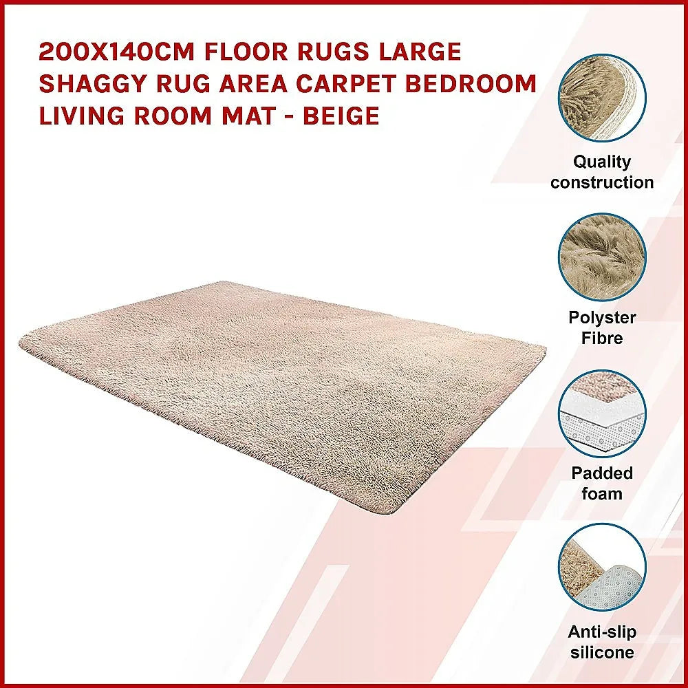 200x140cm Floor Rugs Large Shaggy Rug Area Carpet Bedroom Living Room Mat - Beige - Mekamart Australia