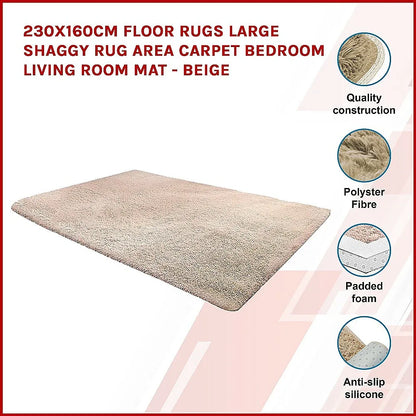 230x160cm Floor Rugs Large Shaggy Rug Area Carpet Bedroom Living Room Mat - Beige - Mekamart Australia
