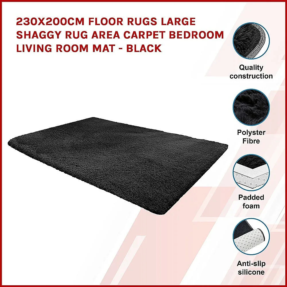 230x200cm Floor Rugs Large Shaggy Rug Area Carpet Bedroom Living Room Mat - Black - Mekamart Australia