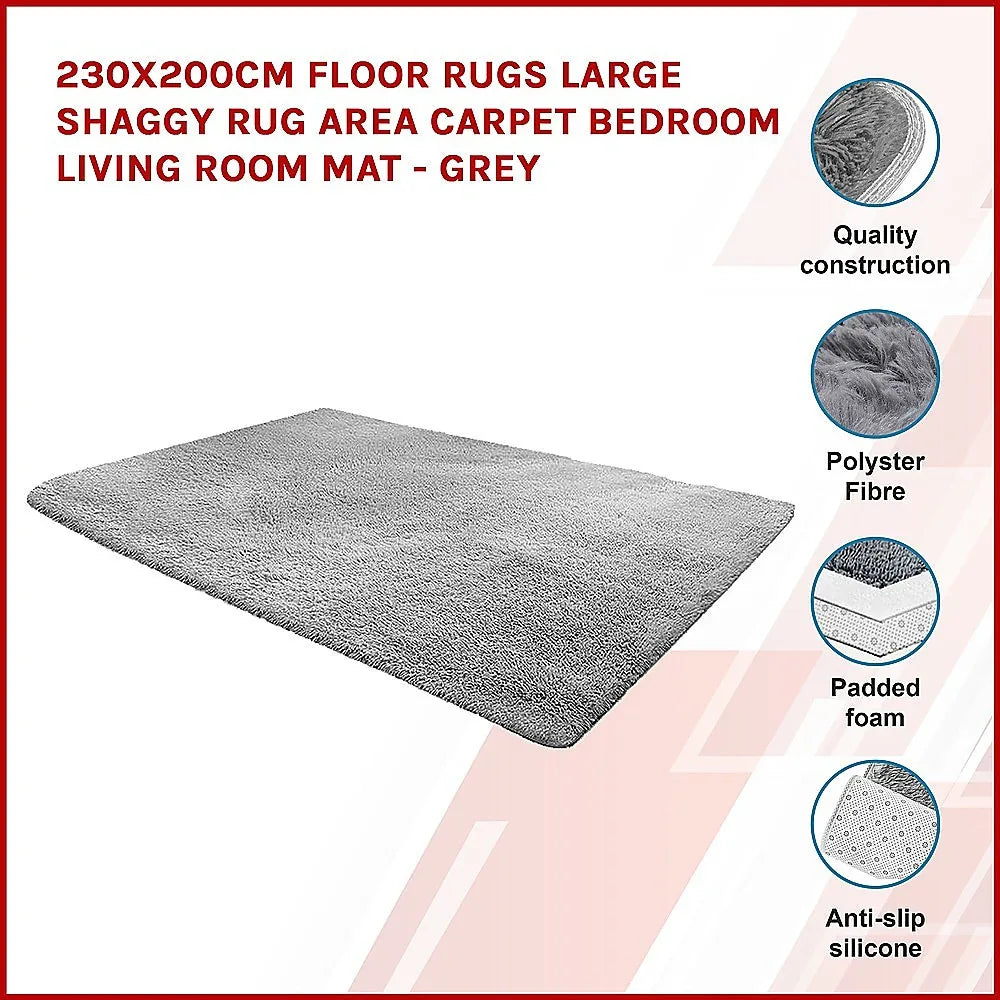 230x200cm Floor Rugs Large Shaggy Rug Area Carpet Bedroom Living Room Mat - Grey - Mekamart Australia