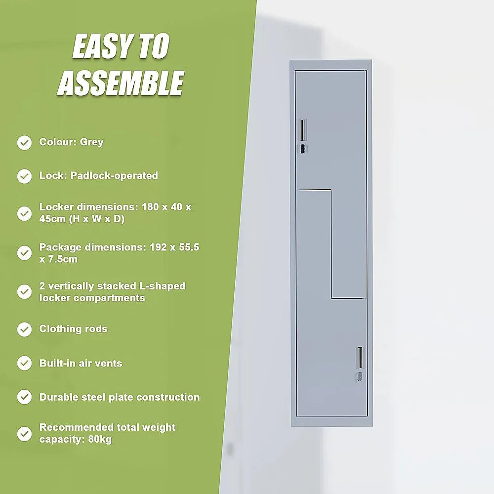 Grey Two-Door L-shaped Office Gym Shed Storage Lockers - Mekamart Australia