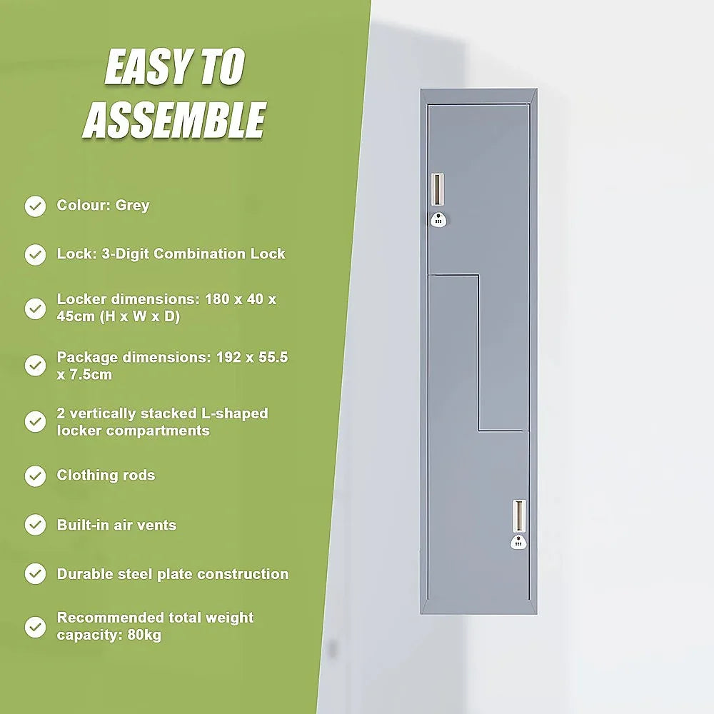 Grey Two-Door L-shaped Office Gym Shed Storage Lockers - Mekamart Australia